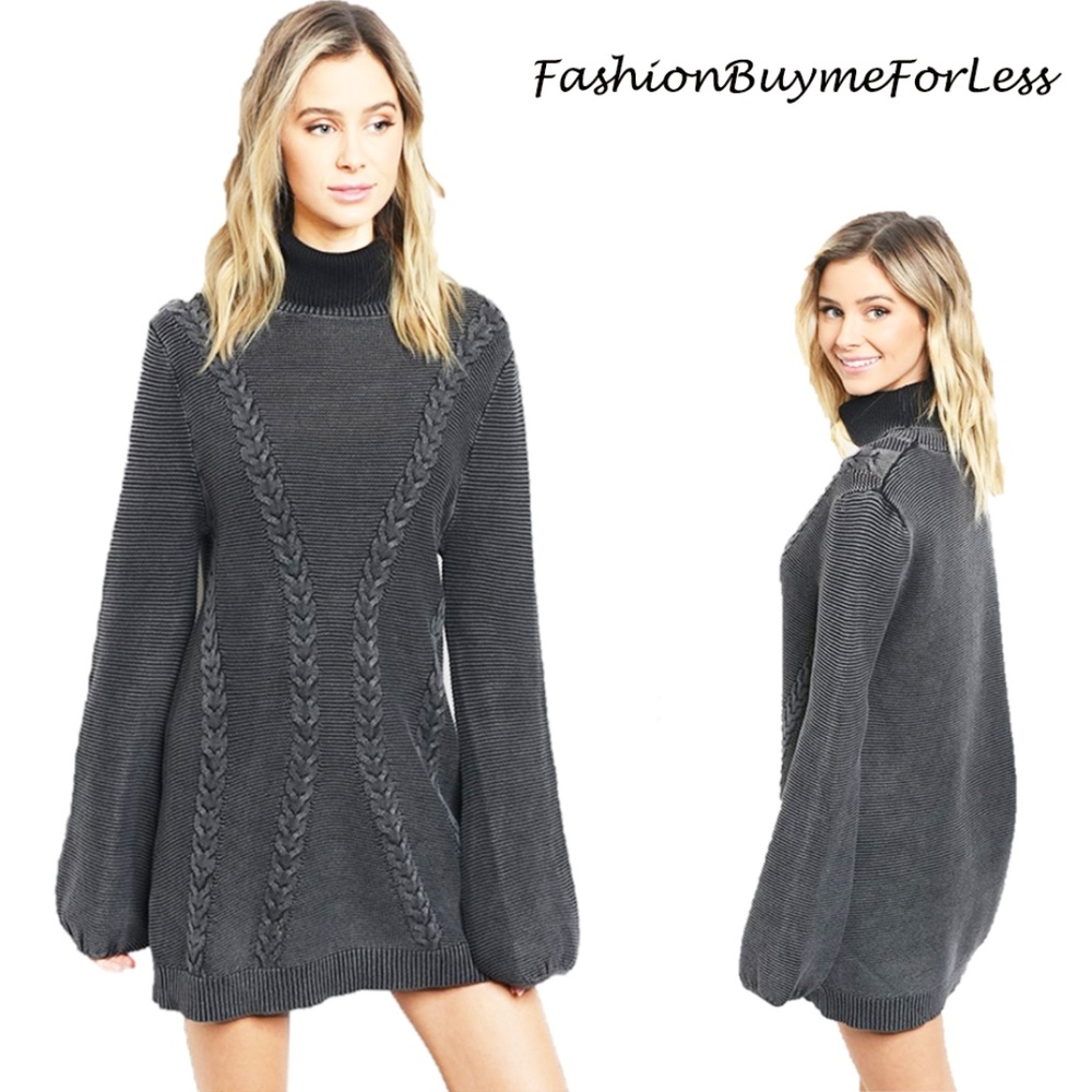 BOHO Black Mineral Washed Puffy Sleeve Mini Dress